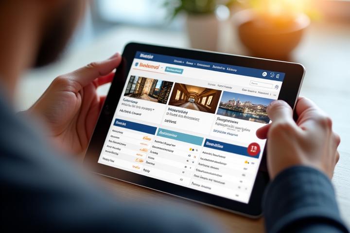 A tablet displaying a hotel's custom-branded online booking engine interface, with options for logo, colors, and unique imagery representing a boutique feel.