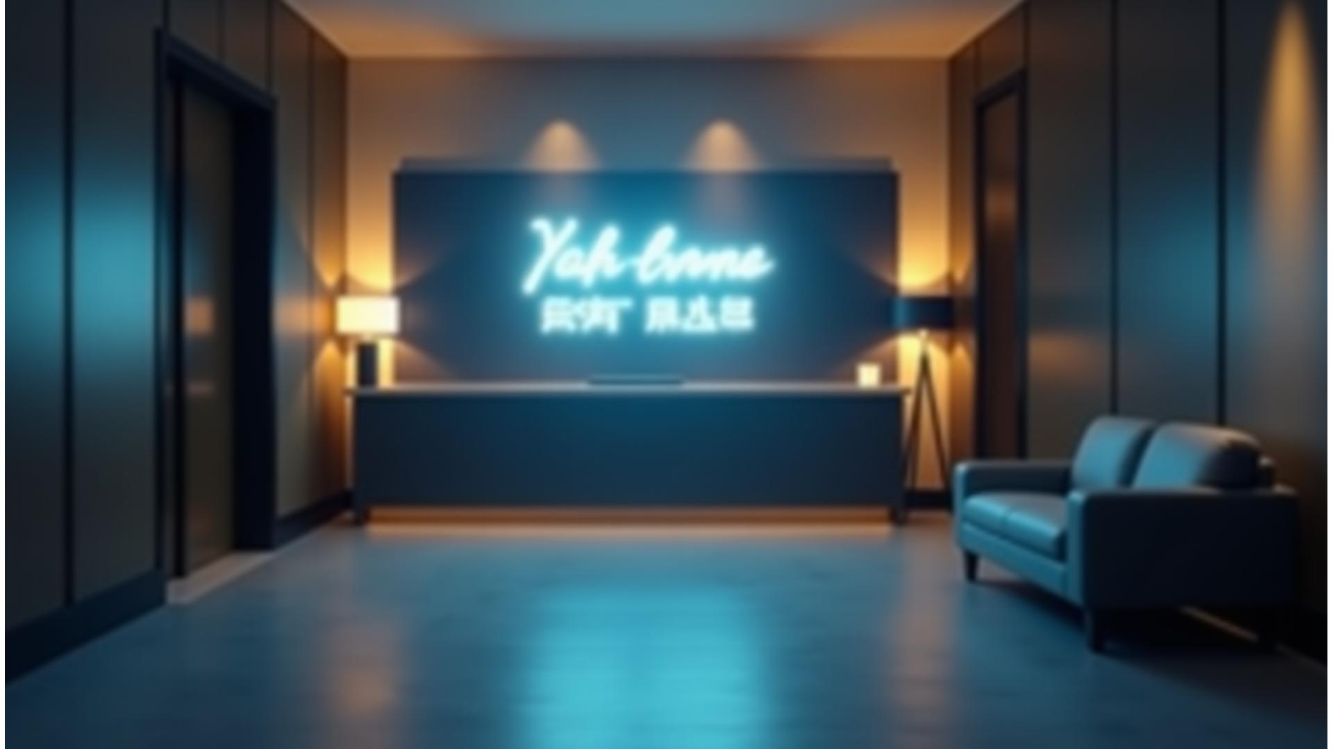 Elegant boutique hotel lobby with modern digital overlays, showcasing personalized guest experiences and intuitive hotel management systems.