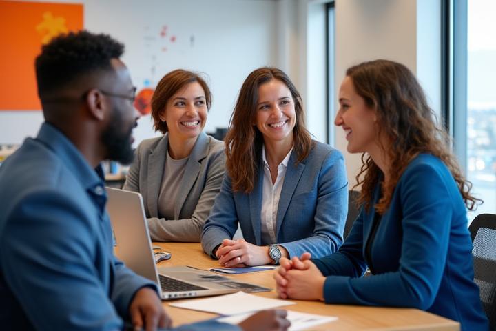 A diverse and friendly team of Root Stay employees collaborating in a modern office with subtle Portland, Maine landmarks in the background, signifying local presence and support.