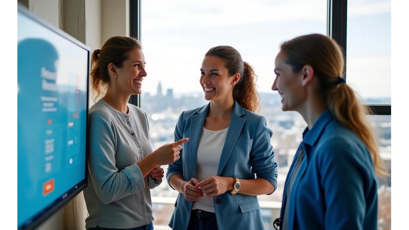 Root Stay team members collaborating in a modern, sunlit office in Portland, Maine, with the city skyline visible in the background