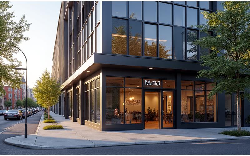 Modern office building with Root Stay branding, situated in a vibrant Portland, Maine neighborhood