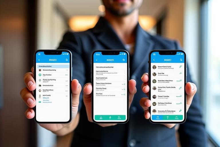 Mockups of Root Stay's mobile housekeeping and maintenance apps on smartphones.