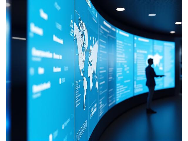 Modern hotel group headquarters with a sprawling map of properties on a digital display