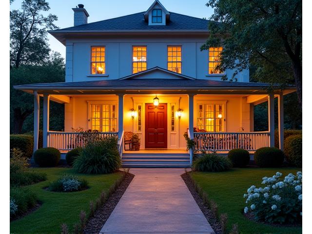 Charming independent hotel exterior with welcoming lights