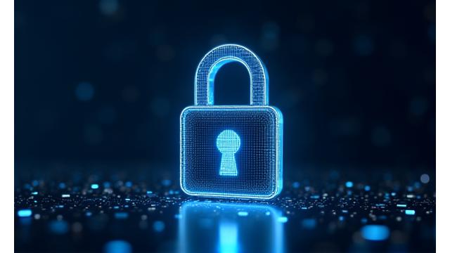 Stylized padlock with glowing lines representing digital security and encryption