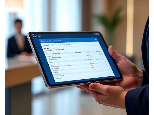 Tablet displaying a digital check-in form with a hotel lobby in the background, symbolizing paperless operations.